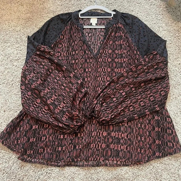 Roan + Ryan Annabelle V Neck Womens Blouse Size Large Animal Print Long Sleeve - Picture 7 of 12